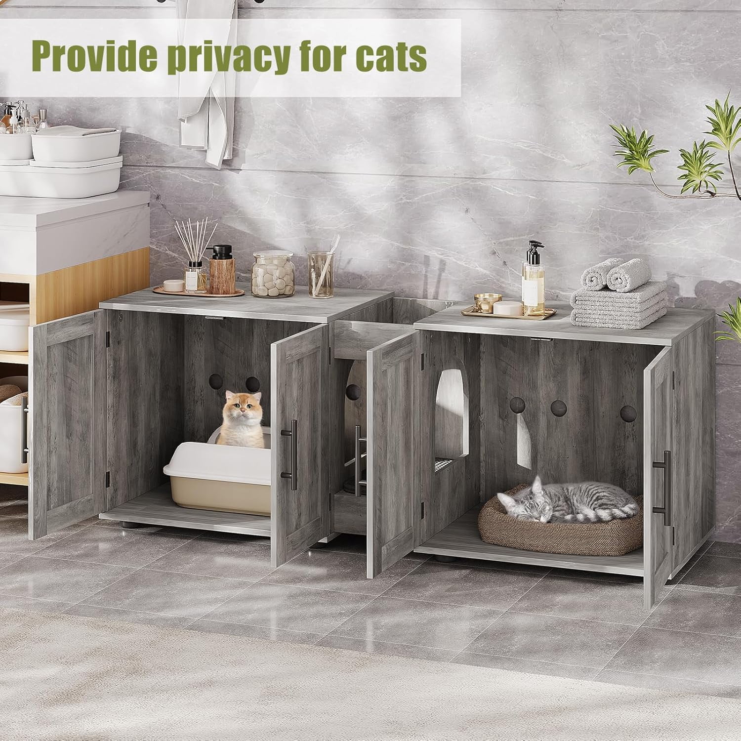 Hetoy Elegant Double-Room Cat Litter Cabinet – Stylish Litter Box Enclosure for Two Cats with Storage and Cat Mat, 55”L x 17.7”W x 22.5”H in Black
