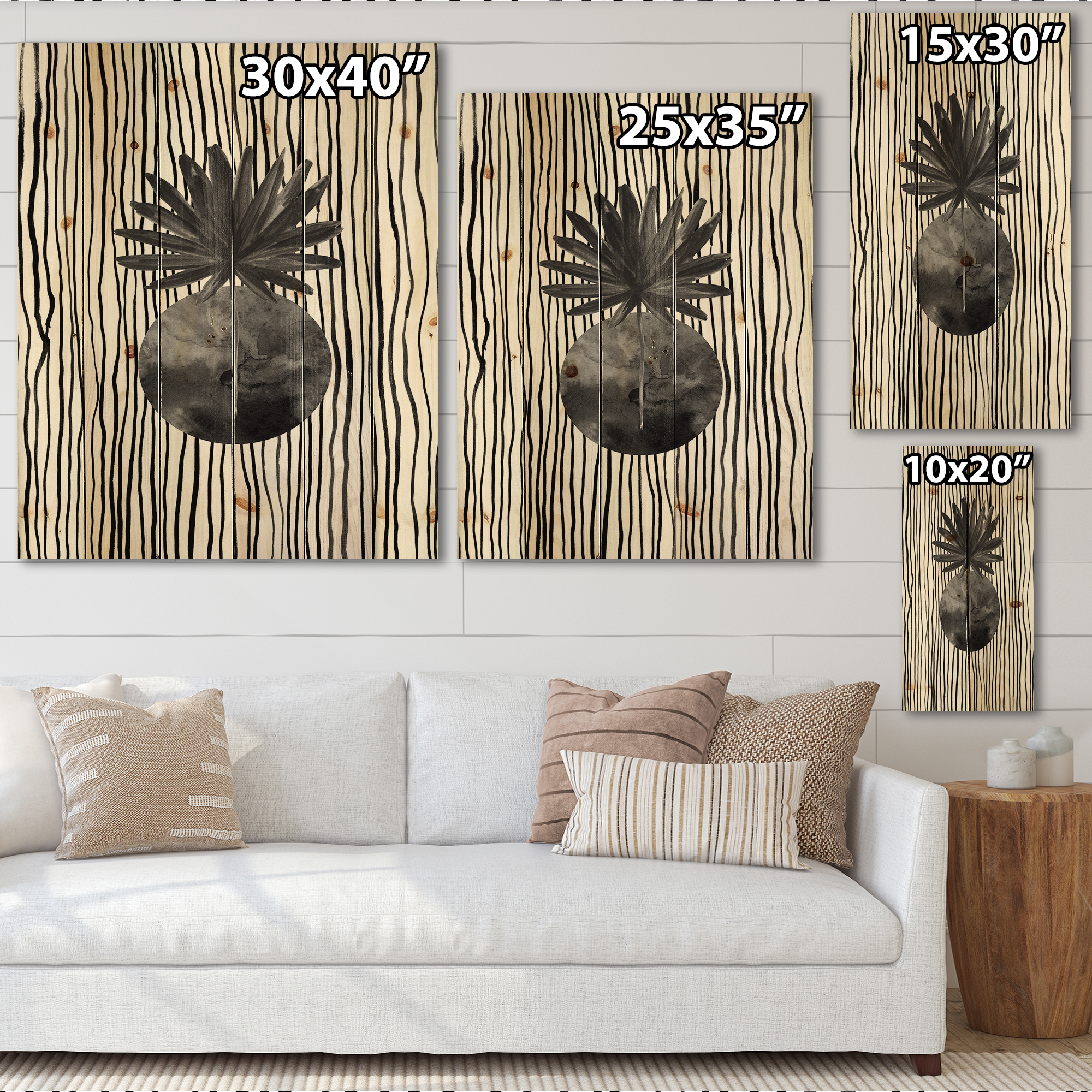 Designart 'Black and White Striped Under Tropical Leaf I' Modern Print on Natural Pine Wood