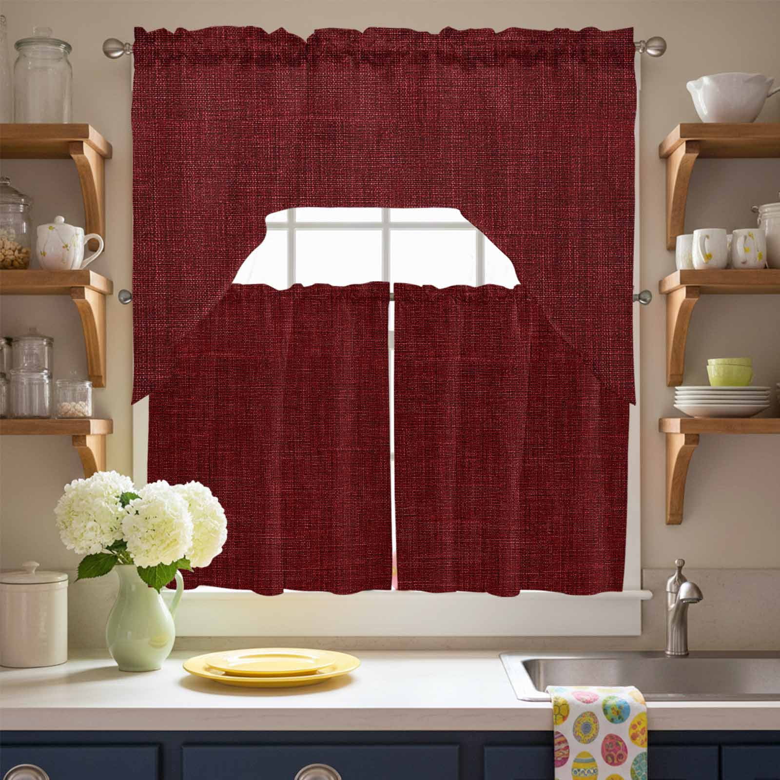 Wine Red Linen Swag Curtains Valance & Tier Set, Farmhouse Pure Color Country Farm 3 Pcs Set Kitchen Swag Valances and Tiers 24 Inch Length Rod Pocket Curtain Drapes for Bedroom
