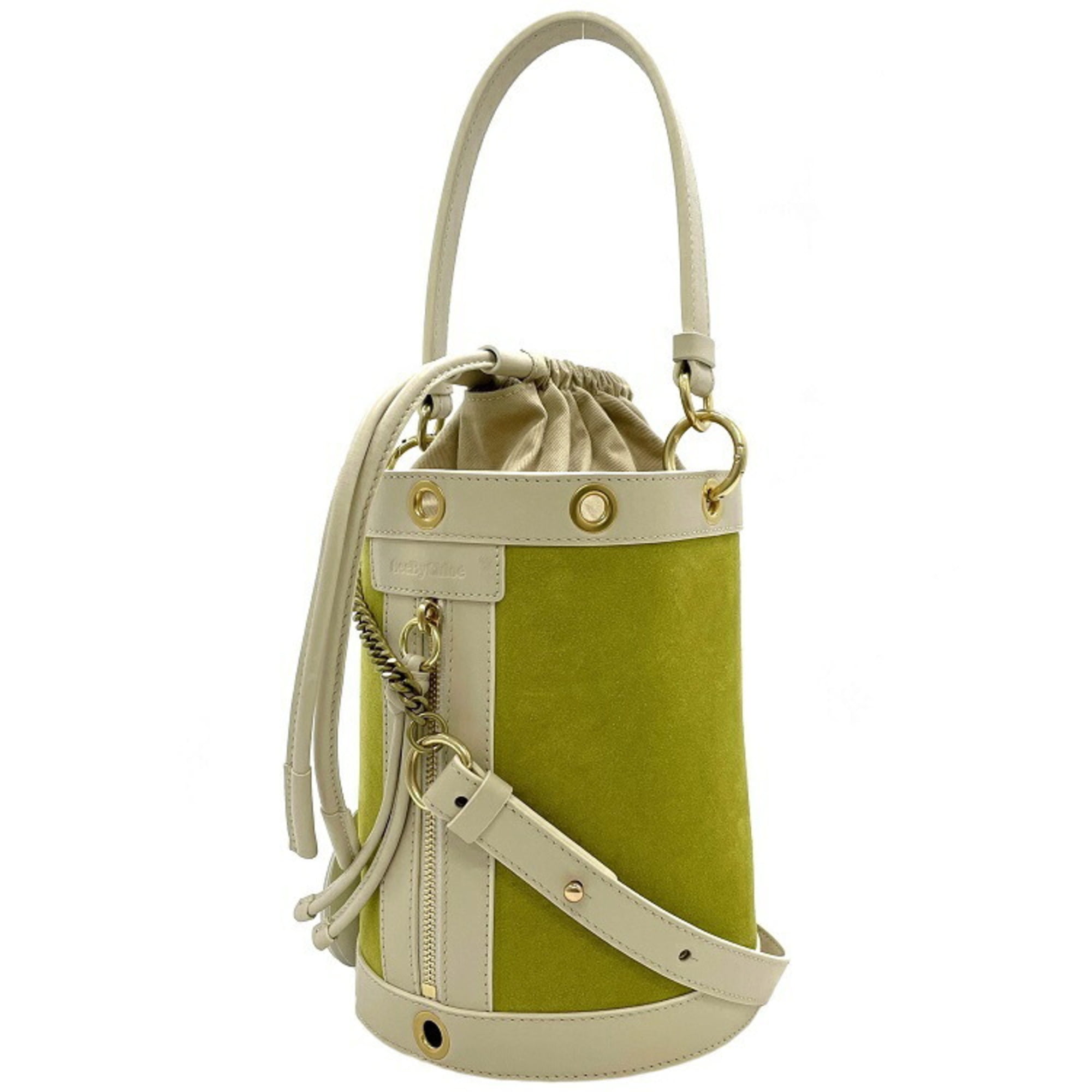 Authenticated Used See by Chloé See By Chloe Purse Shoulder Bag Light Green  Beige DEBBIE Calf Leather Velor Bucket 2way Handbag Ladies Cylindrical