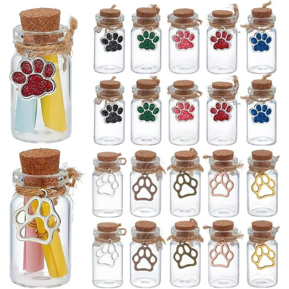 10 Styles Mini Glass Bottles with Cork 20pcs Small Glass Jars Wish Favor Bottles 10ml Message Bottle with Paw Print Charm for Christmas Wedding DIY Craft Storage Container Decor Mixed Color