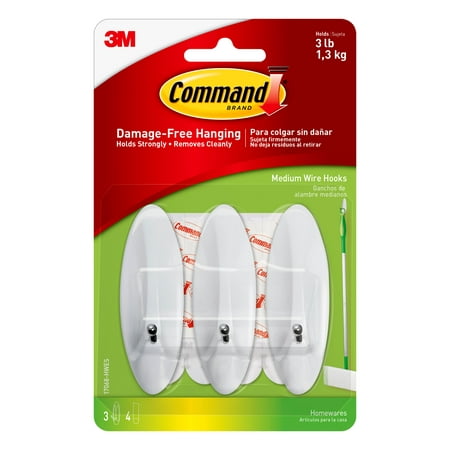 Along Power Puller 3 Hooks - Command Wire Hooks, White, Medium, 3 Hooks, 4 Strips/Pack