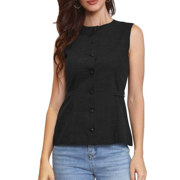 DARING DIVA Women's Stylish Linen Sleeveless Crew Neck Button Down Waistcoat XS Black