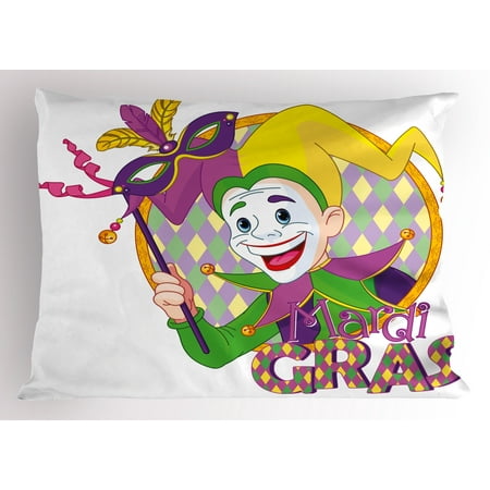 Mardi Gras Pillow Sham Cartoon Design of Mardi Gras Jester Smiling and Holding a Mask Harlequin Figure, Decorative Standard King Size Printed Pillowcase, 36 X 20 Inches, Multicolor, by Ambesonne