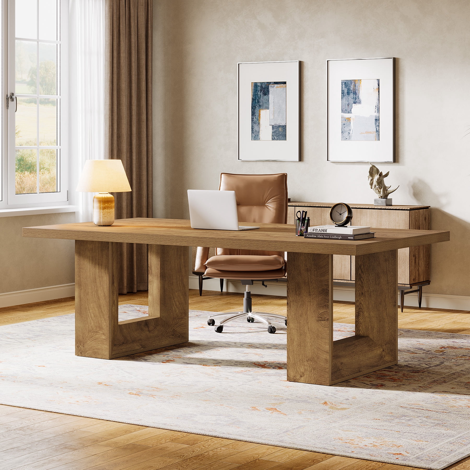 Finmind Large Executive Desk, 62.99-inch Home Office Desk, Rectangular Computer Table for Home Office, Study Room, Brown