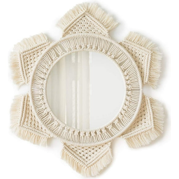 Wall Mirror with Fringe Round Boho Mirror Art Deco Apartment Living Room Bedroom Baby Nursery Dorm Entrance, Ivory White