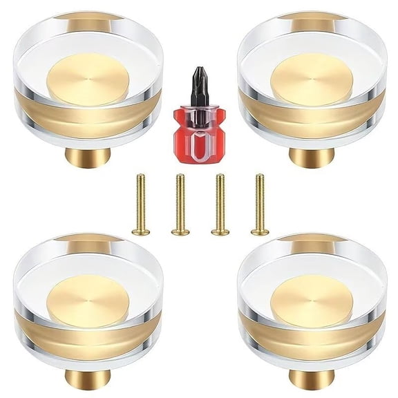 HDJNal Crystal Glass Golden Brass Cabinet Knobs, Clear Furniture Handles, Drawer Pulls Knobs