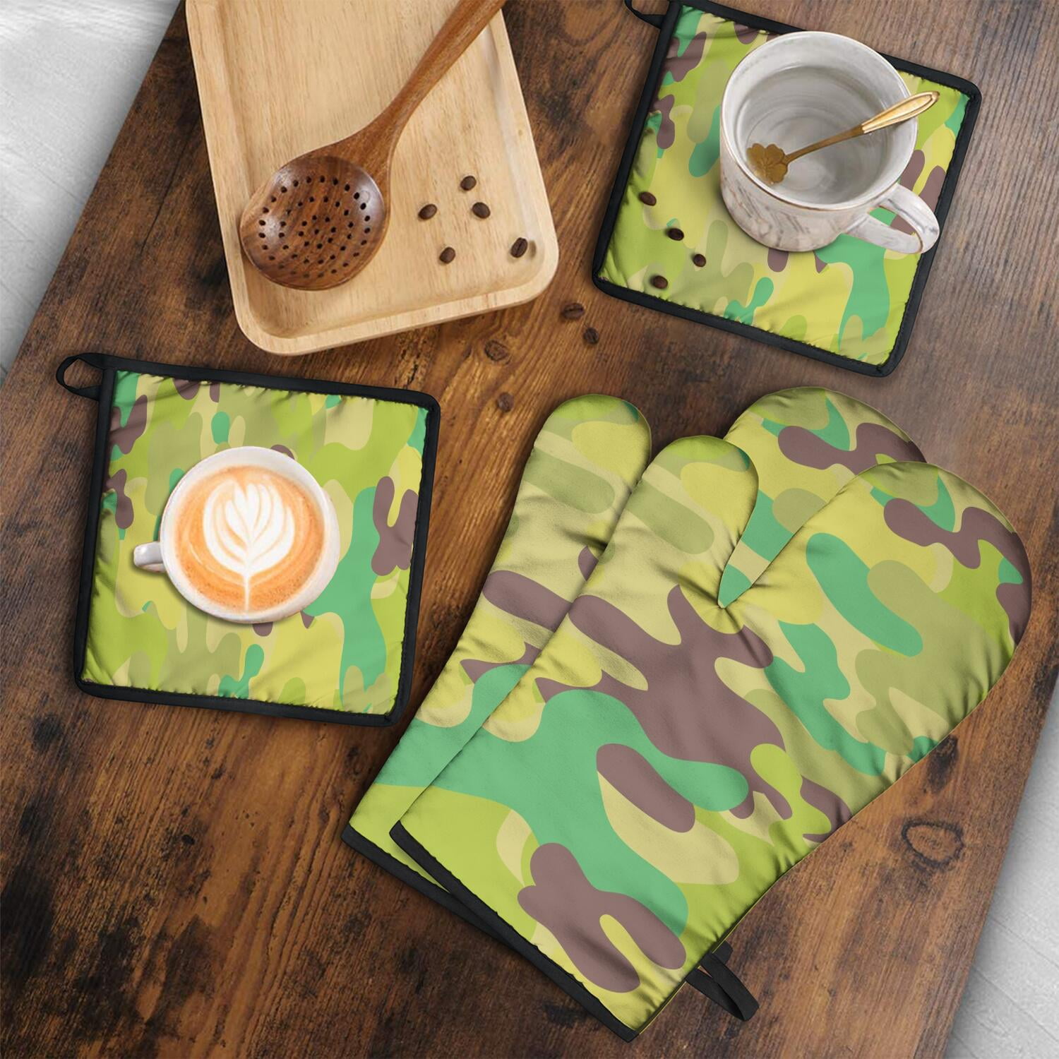 Camouflage Oven Mitts and Pot Holders Set Of 4, Heat Resistant Kitchen Gloves with Non-Slip Grip, Hanging Loop, Soft Cotton Lining for Baking, Cooking, Grilling, Barbecue