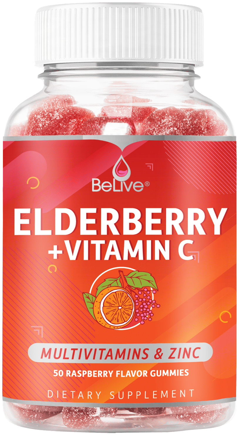 BeLive Elderberry Gummies with Vitamin C – Double Strength Elderberry with Immune Boosting Vitamin D, B-Complex, and Zinc - Raspberry Flavor (50 count)
