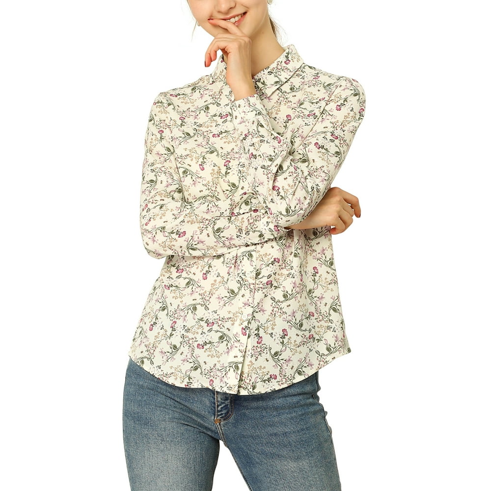 Unique Bargains - Women's Long Sleeve Button Down Ditsy Floral Shirt ...