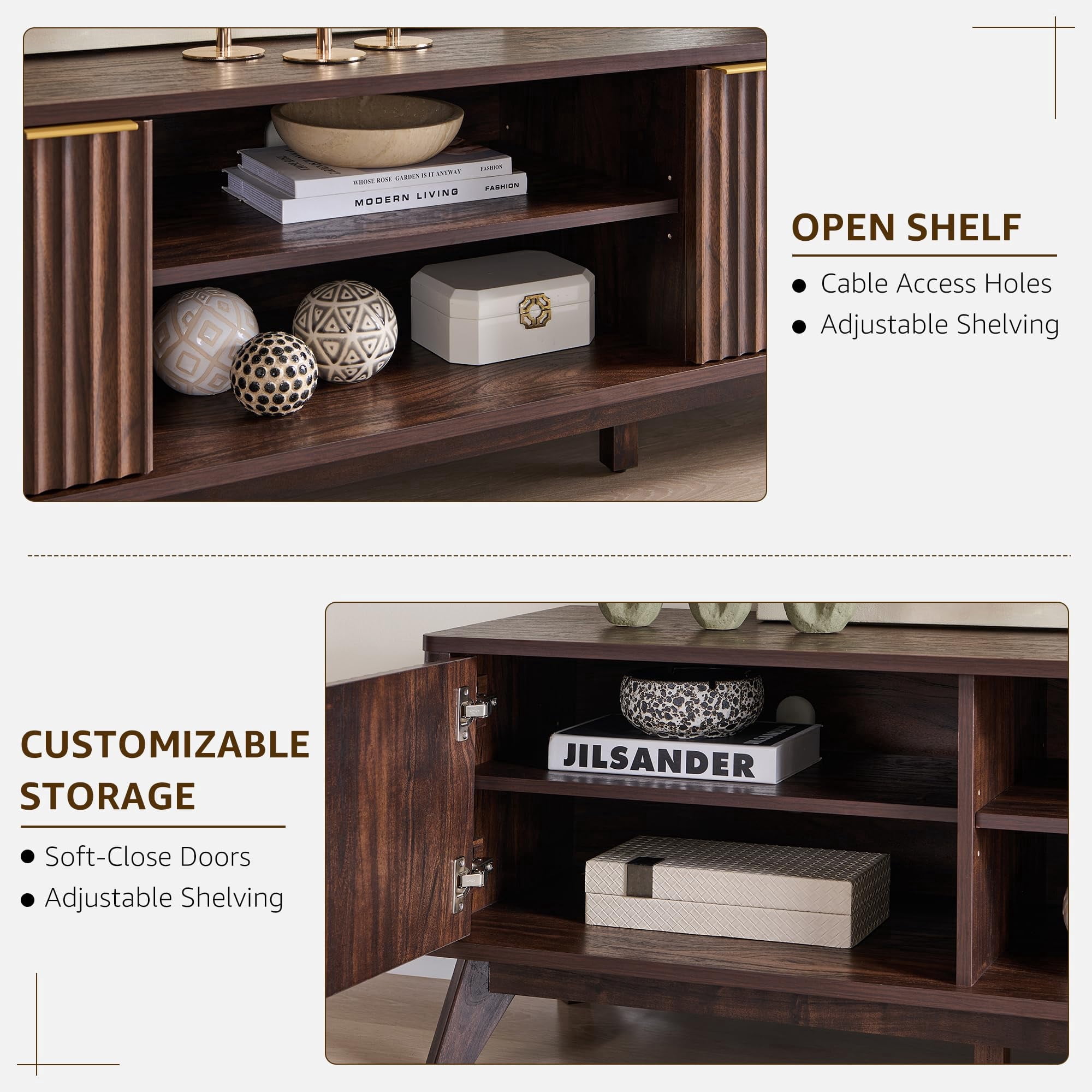 OKD 70" Modern Farmhouse TV Stand with 2 Soft Close Door, Fluted Entertainment Center Console Table, Media Furniture for Living Room, Dark Walnut