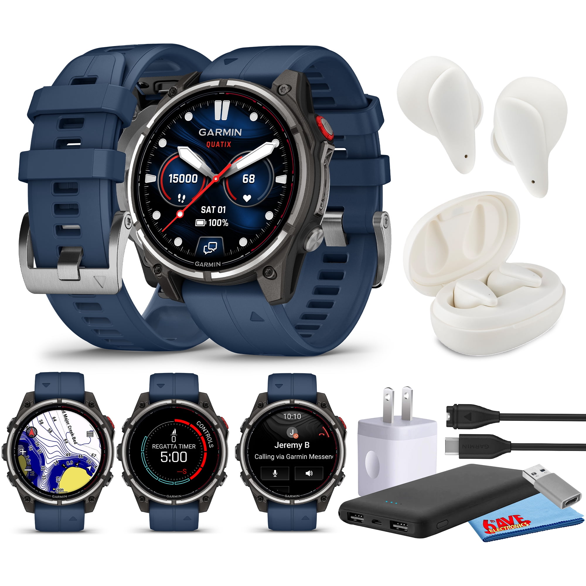 Garmin quatix 8 Pro 47mm, Ultimate Nautical Smartwatch with inReach Satellite Technology and LTE Connectivity, AMOLED Display Bundle With Charger and Wireless Earbuds