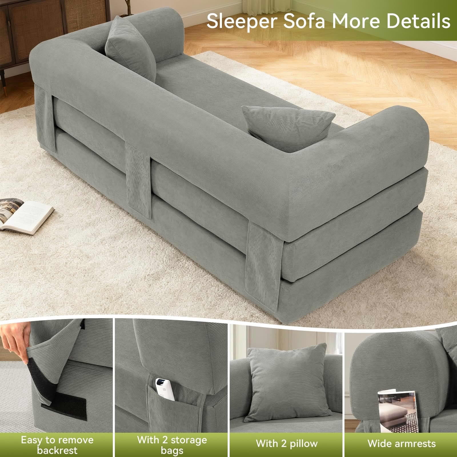 MAYEERTY 80" Light Gray Corduroy Convertible Sofa Bed, 600lbs Queen Size Fold Out Sleeper Couch with Storage & No Assembly for Living Room