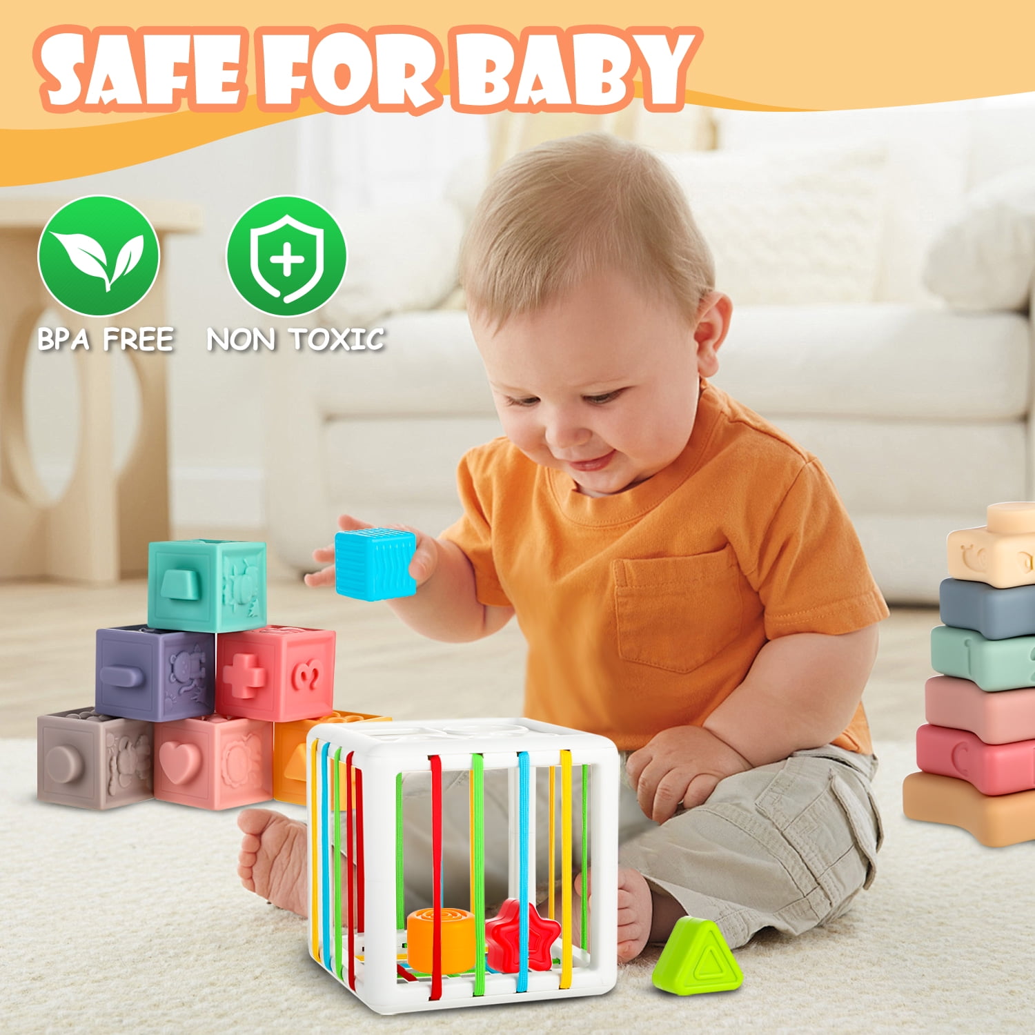 UQN Montessori Toys for 1 2 Year Old, 6 in 1 Baby Toys for 6-12-18 Months, Infant Sensory Toy Set , Shape Sorter and Activity Toys, Learning Gifts for Baby Boys Girls,Christmas Birthday Gift