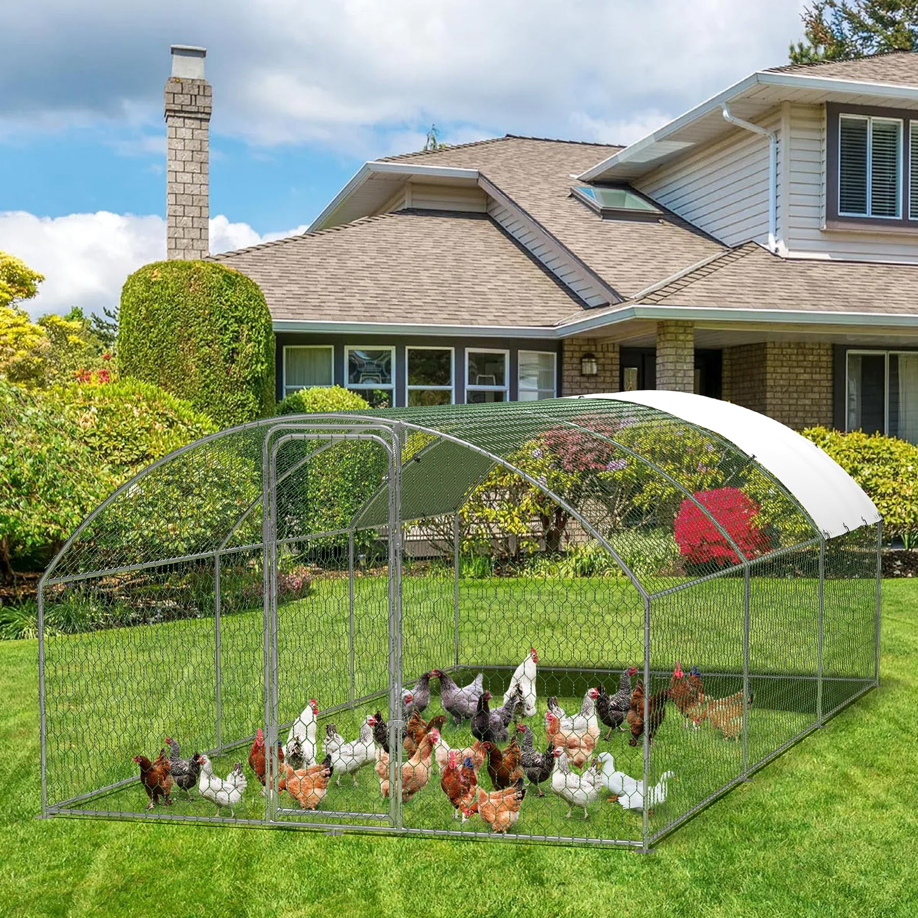 Large Metal Chicken Coop, Large Chicken Coop for Yard, Walk-in Poultry Cage with Waterproof and Anti-Uv Cover, Chicken Run for Outdoor Backyard Farm, Doom Roof, 9.8×19.7×6.6ft