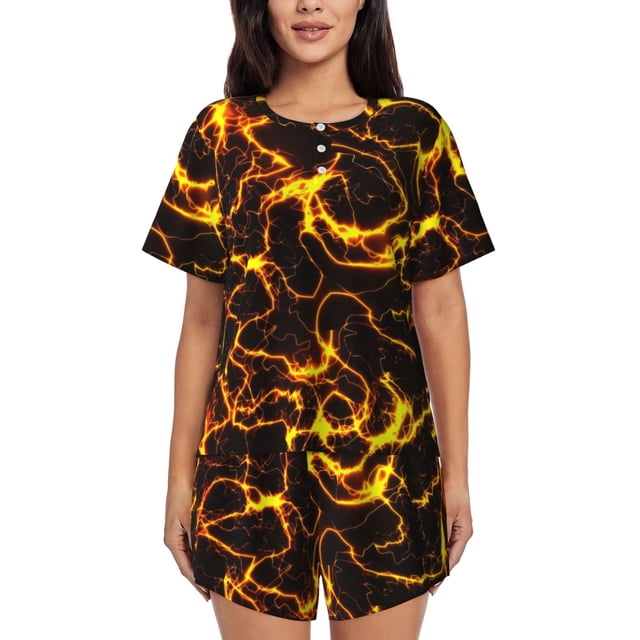 Balery Orange Lightning Conjunto de Pijama para Mujer con Estampado, Dos Piezas de Manga Corta y Shorts, Ropa de Dormir Suave con Cuello Redondo y Bolsillos-Medium