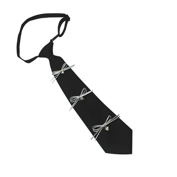 Adjustable Pre Tied Women Necktie With Sweet Bowknot Embellished Elegant Campus Student Uniform Black Long Neck Tie