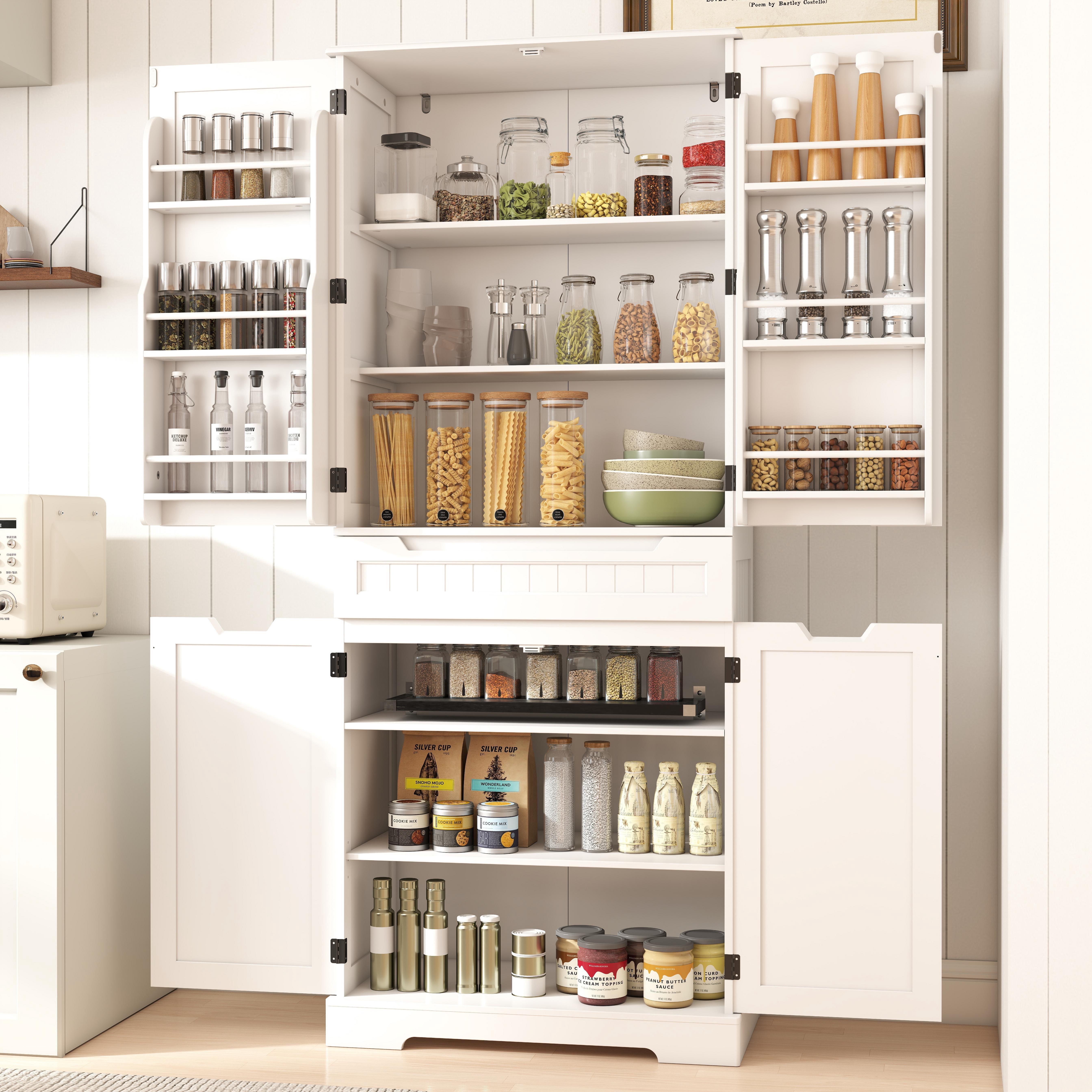 Pantry Cabinet Clearance, Lofka 71" Large Kitchen Storage Cabinet with Adjustable Shelves & Anti-Tip Design, 4 Doors, 12 Shelves, 1 Drawer, White