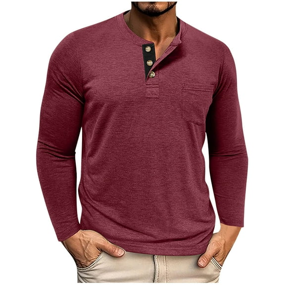 Maean Mens Long Sleeve Top V Neck Button Golf Shirts Pullover Basic Solid Color Outfits with Pockets