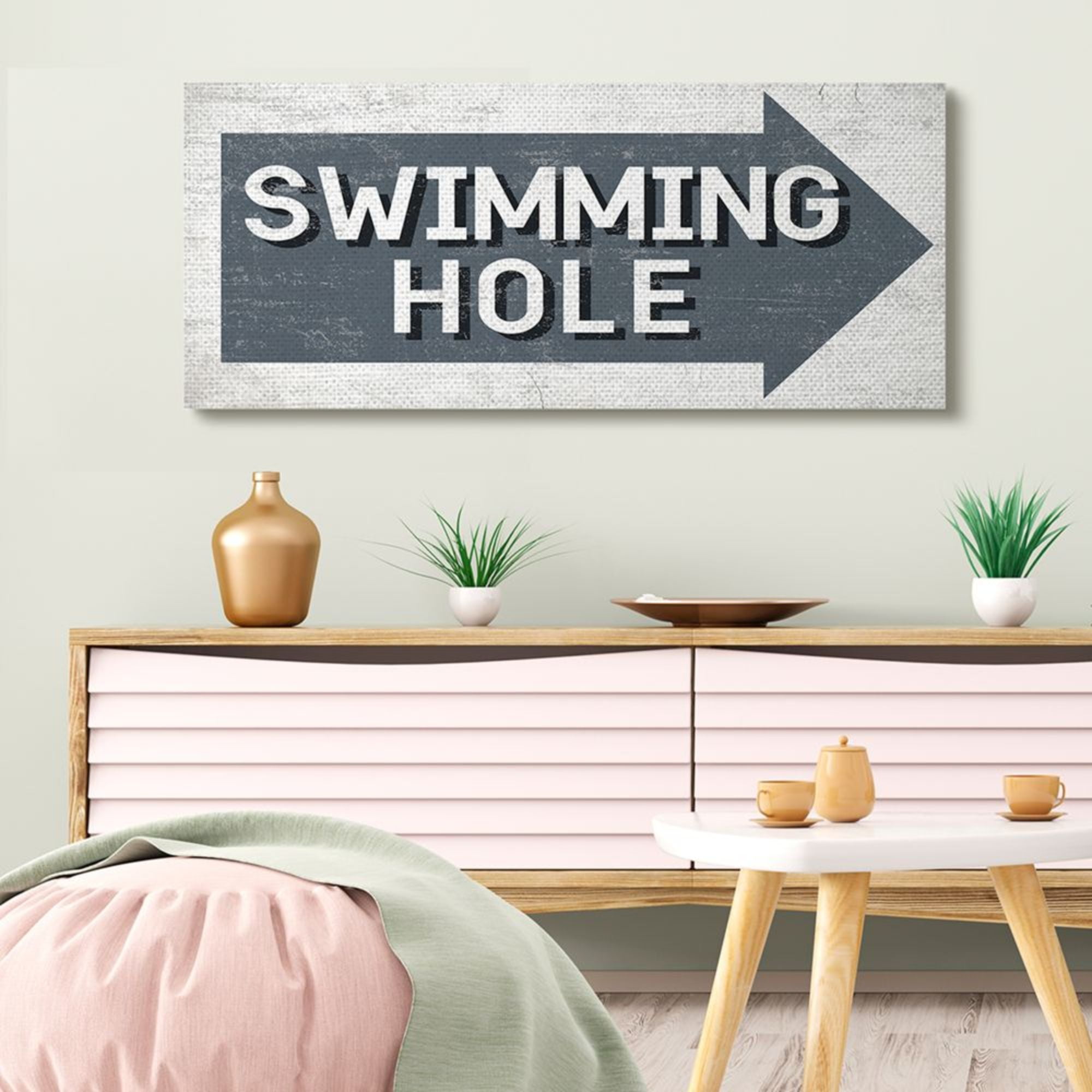 Stupell Industries Charming Swimming Hole Sign Blue Arrow Design by Daphne Polselli, 20" x 48"