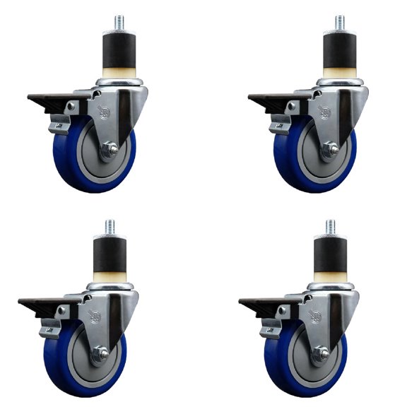 4 Inch Blue Poly Swivel 1-7/8 Inch Expanding Stem Caster Set with Brake SCC