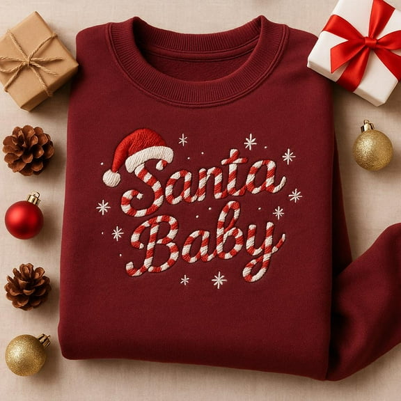 Embroidered Santa Baby Sweatshirt, Festive Christmas Sweater, Holiday Script Font Crewneck, Candy Cane Lettering, Maroon Winter Top