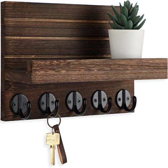 XIBUFE Key Holder for Wall, Decorative Key and Mail Holder with Shelf Has Large Hangers for Bags, Coats, Umbrella – Paulownia Wood Key Hanger with Mounting Hardware