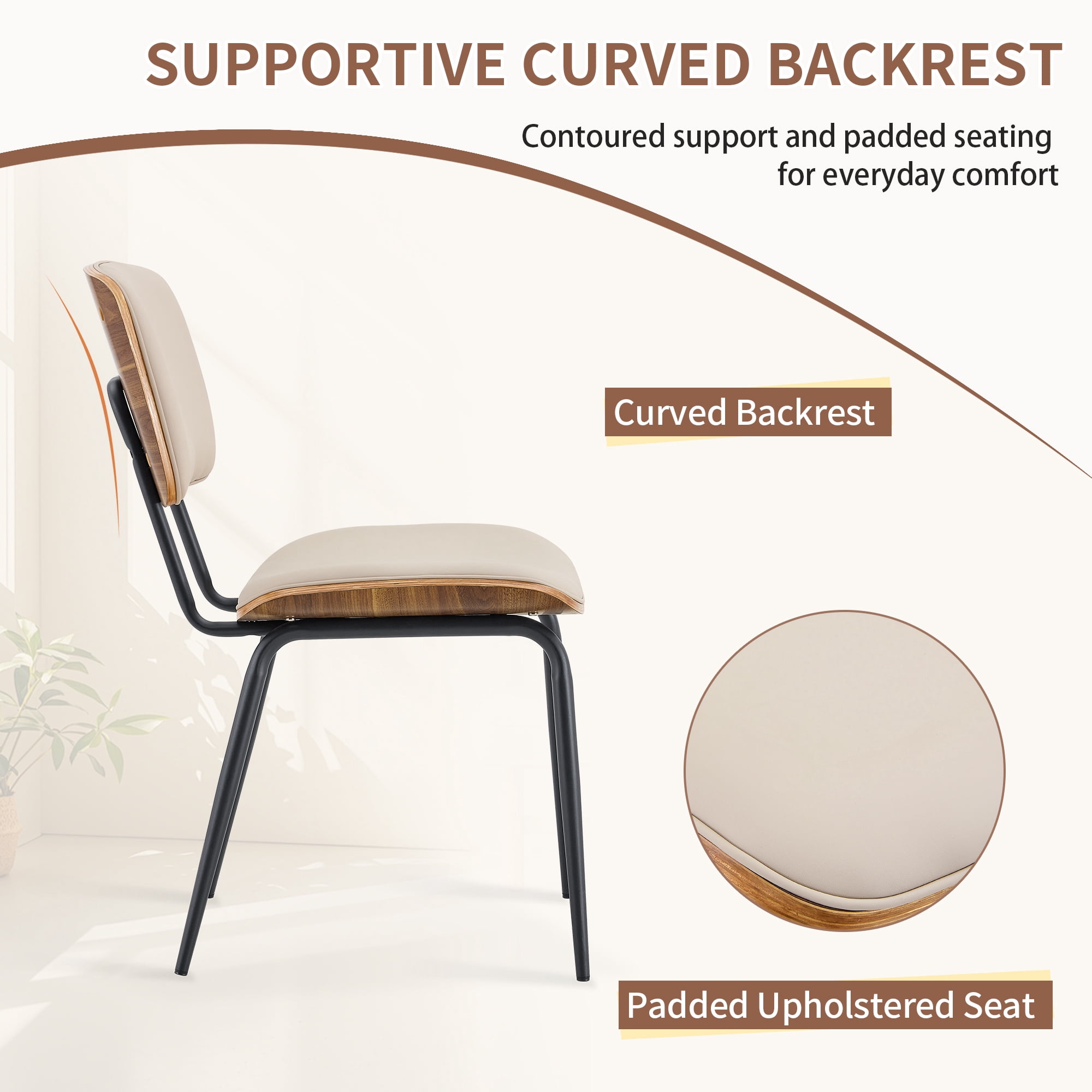 Leumius Dining Chairs Set of 2, Premium Faux Leather Upholstered Dining Room Chairs, High-Resilience Sponge Cushion, Sticker Craft Backrest, Metal Legs with Spray Coating Finish for Dining Room White