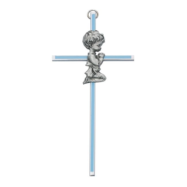 6" Blue Silk Screen Boy Wall Cross for Baby Shower, Infant Decor