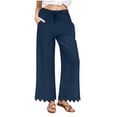 thumbnail image 3 of BiZtdJrK Cotton Linen Dressy Pants for Women Scallop Trim Drawstring Elastic Waist Straight Wide Leg Slacks Fashion Travel Summer Trousers with Pockets Navy XXL, 3 of 9