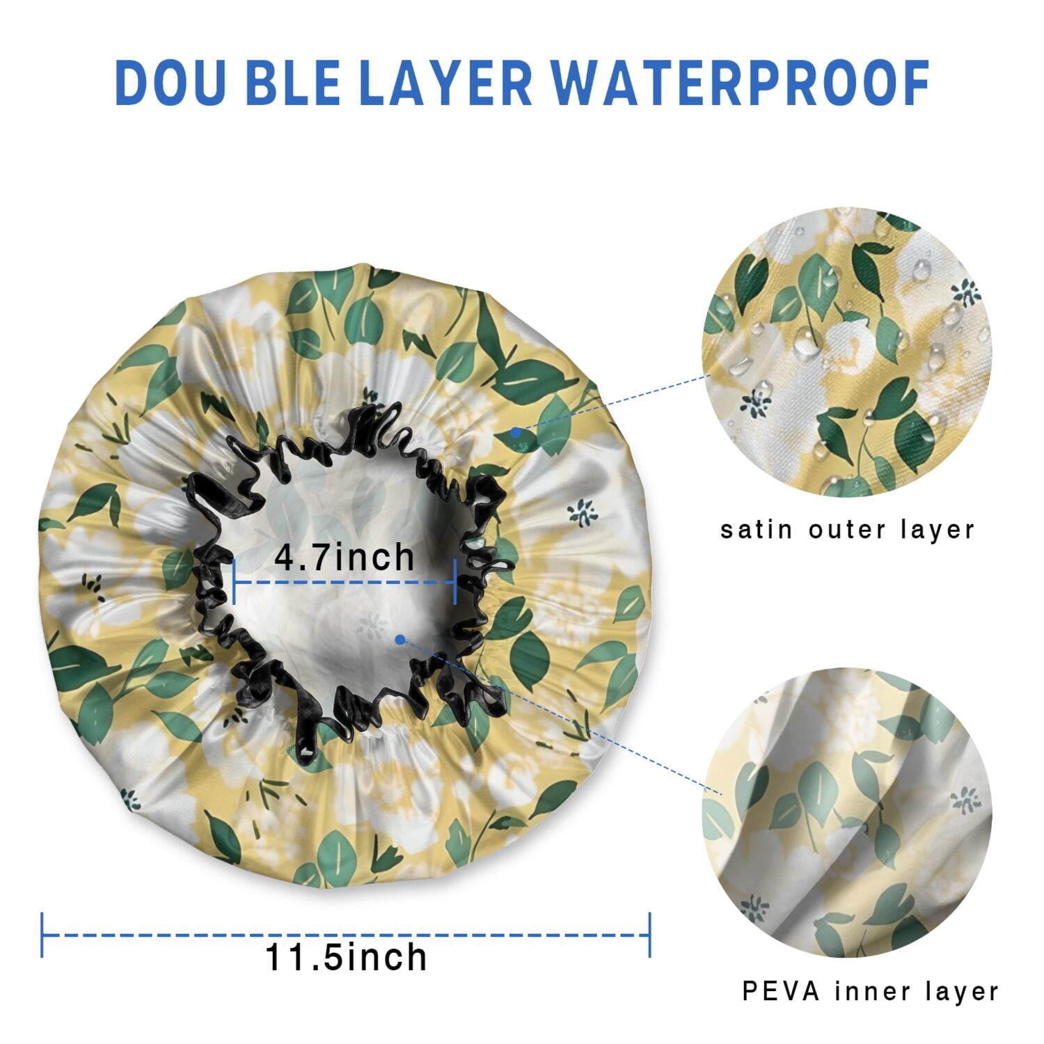 Shower Caps,Pioneer Flower Floral Print Pattern Waterproof Shower Cap for Women 4 Pieces,Double Reusable Hair Cover for Shower PEVA Elastic Stretch Hem