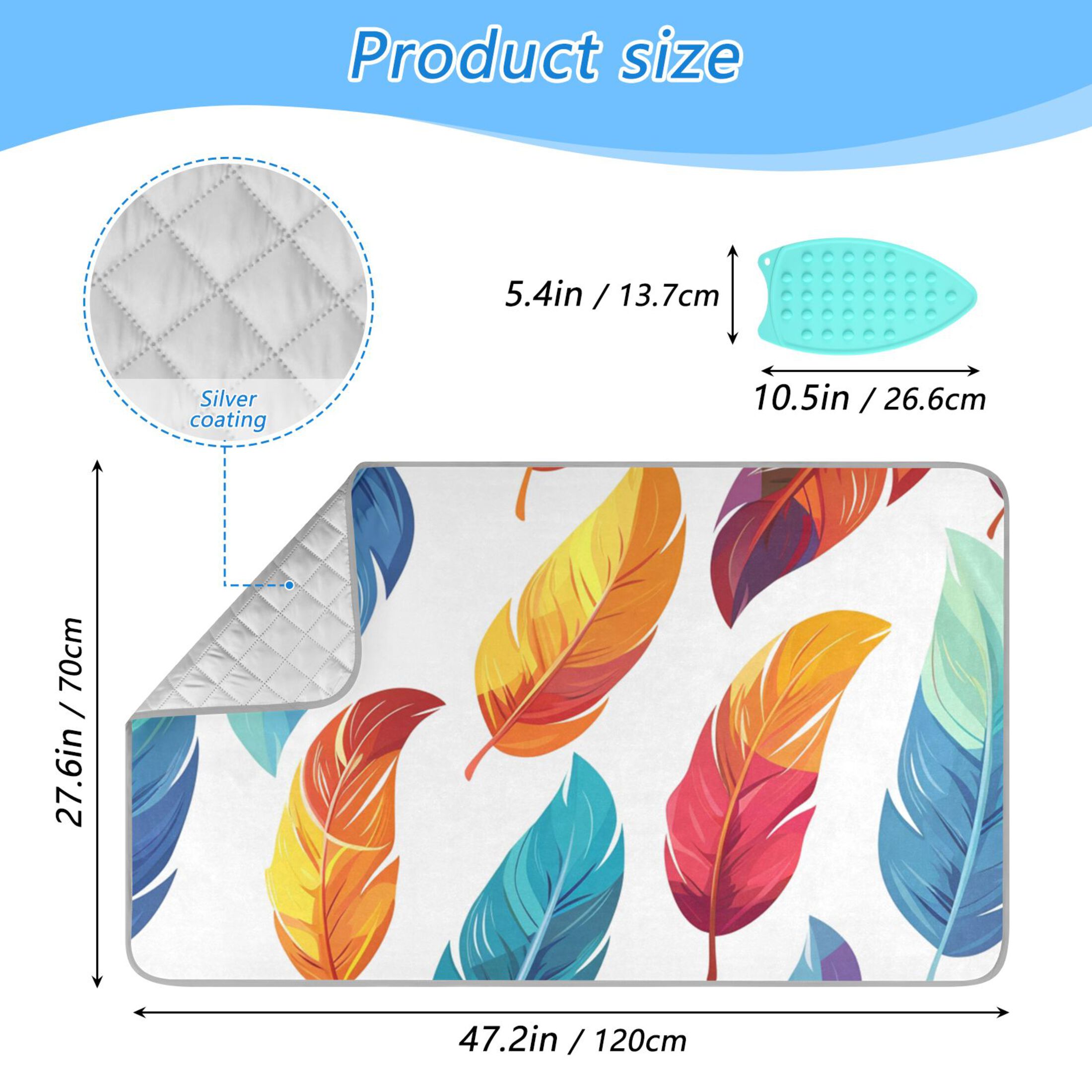 Colorful Feathers Hand Painted Ironing Mat Blanket Portable Travel Ironing Pad Heat Resistant Pad 47.2" x 27.6”