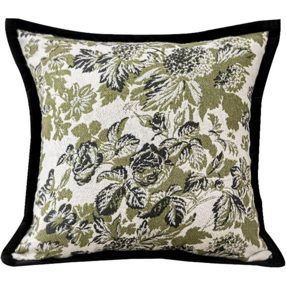 Olive Botanical Floral Jacquard Pillow Cover 18×18 Inch – Textured Woven Cushion Case with Black Piped Edge & Hidden Zipper, Vintage Botanical Decorative Pillow for Sofa Bed Couch (Cover Only)
