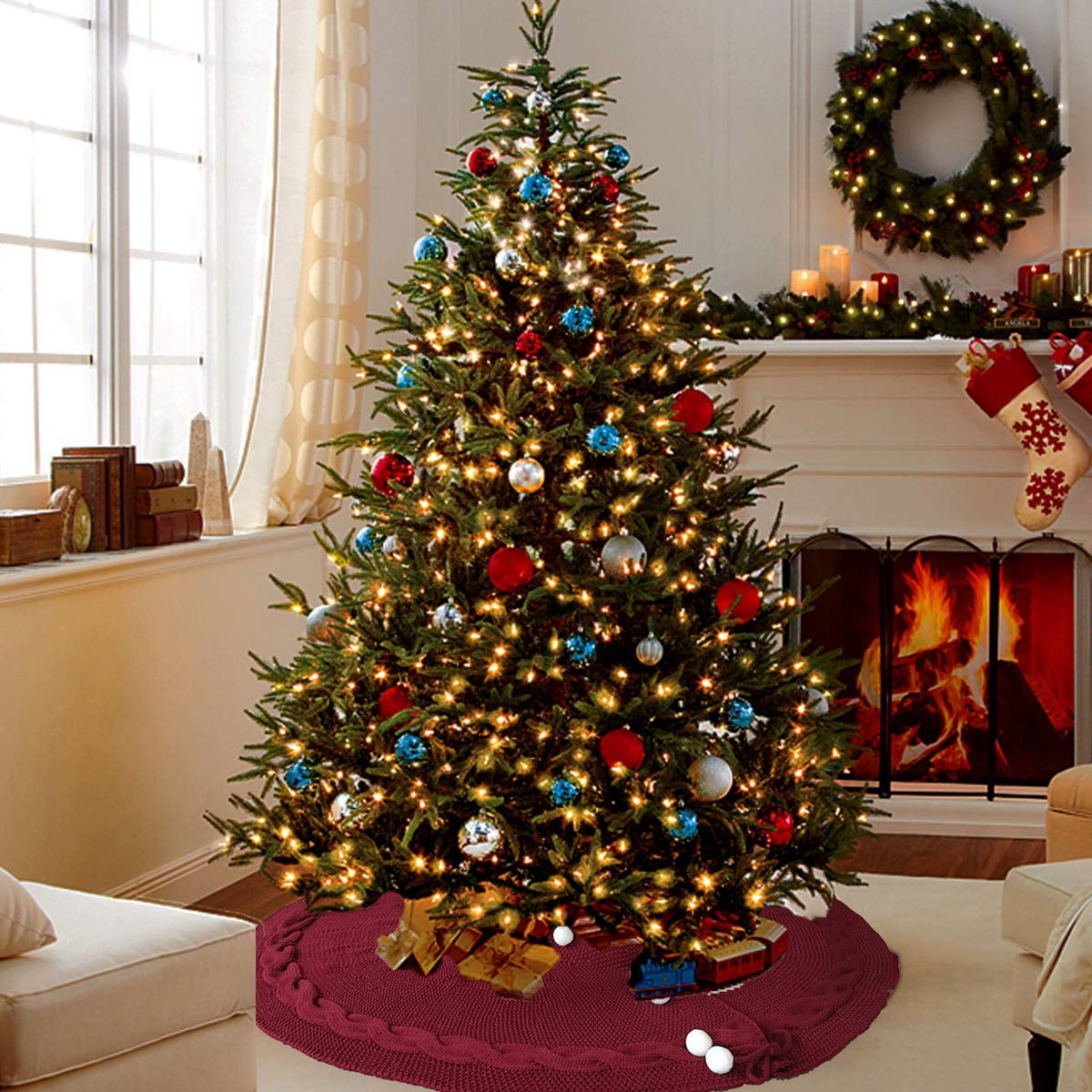 US Fluffy White Christmas Tree Skirt Luxury Faux Fur Floor Decor Ornament 