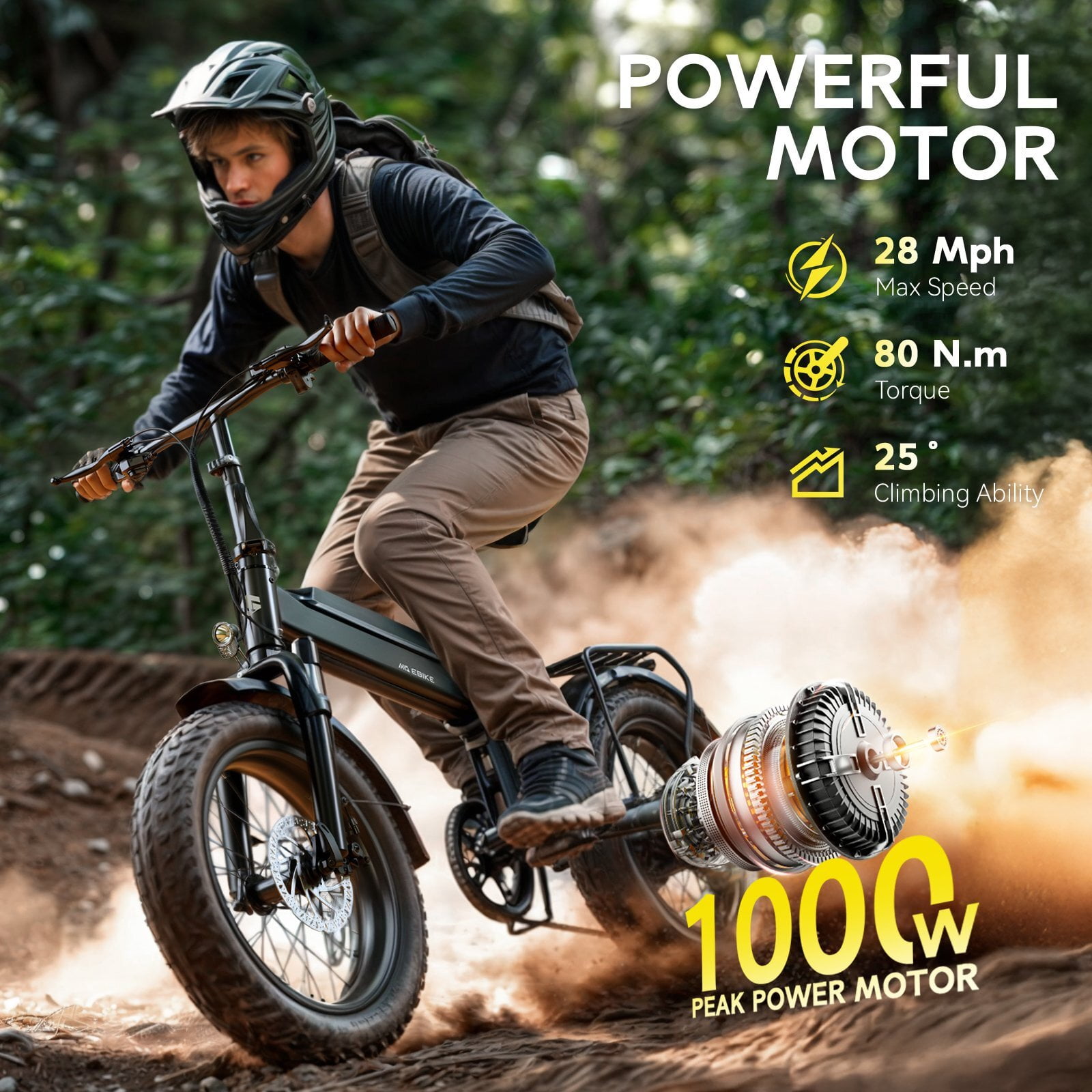 Electric Bike for Adults, Peak 1000W Motor Electric Bicycle, 20" Fat Tire E-Mountain Bike, 10.4Ah Battery UL2849, App Control