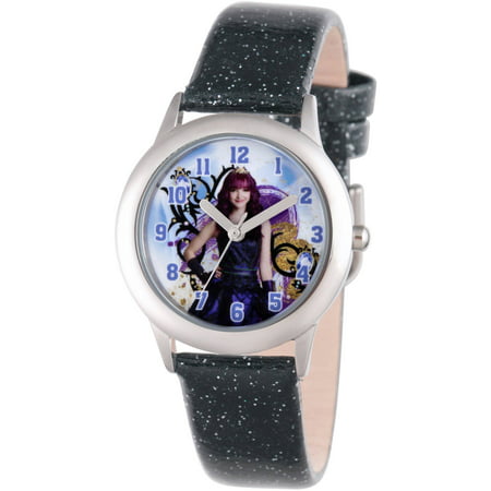 Disney Descendants 2 Mal Tween Girls' Stainless Steel Watch, Black Glitter Leather Strap