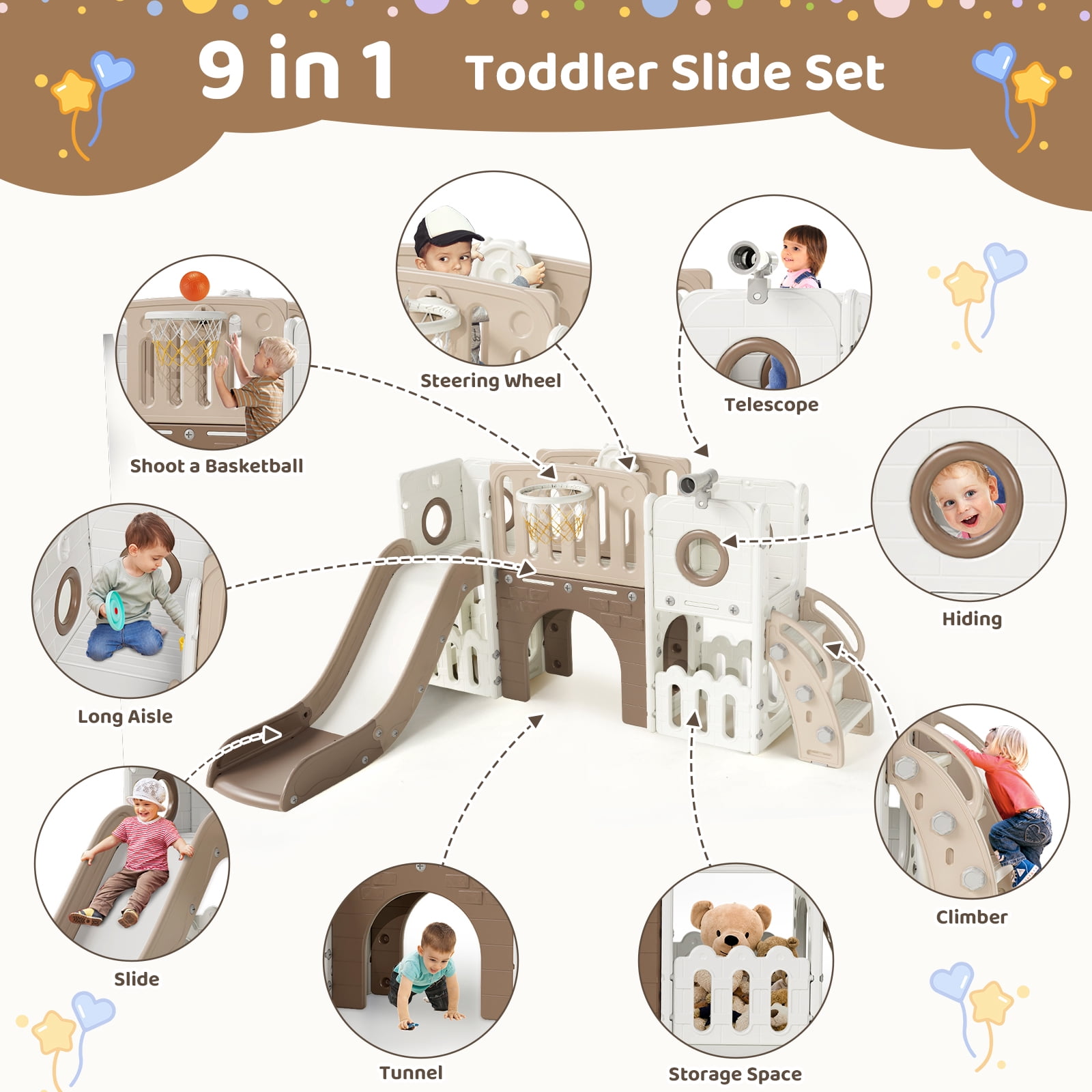 Arlopu 9 in 1 Toddler Slide Set, Large Toddler Slide with Basketball Hoop & Ball, Telescope, Storage Space, Tunnel, Outdoor Indoor Playground Slide