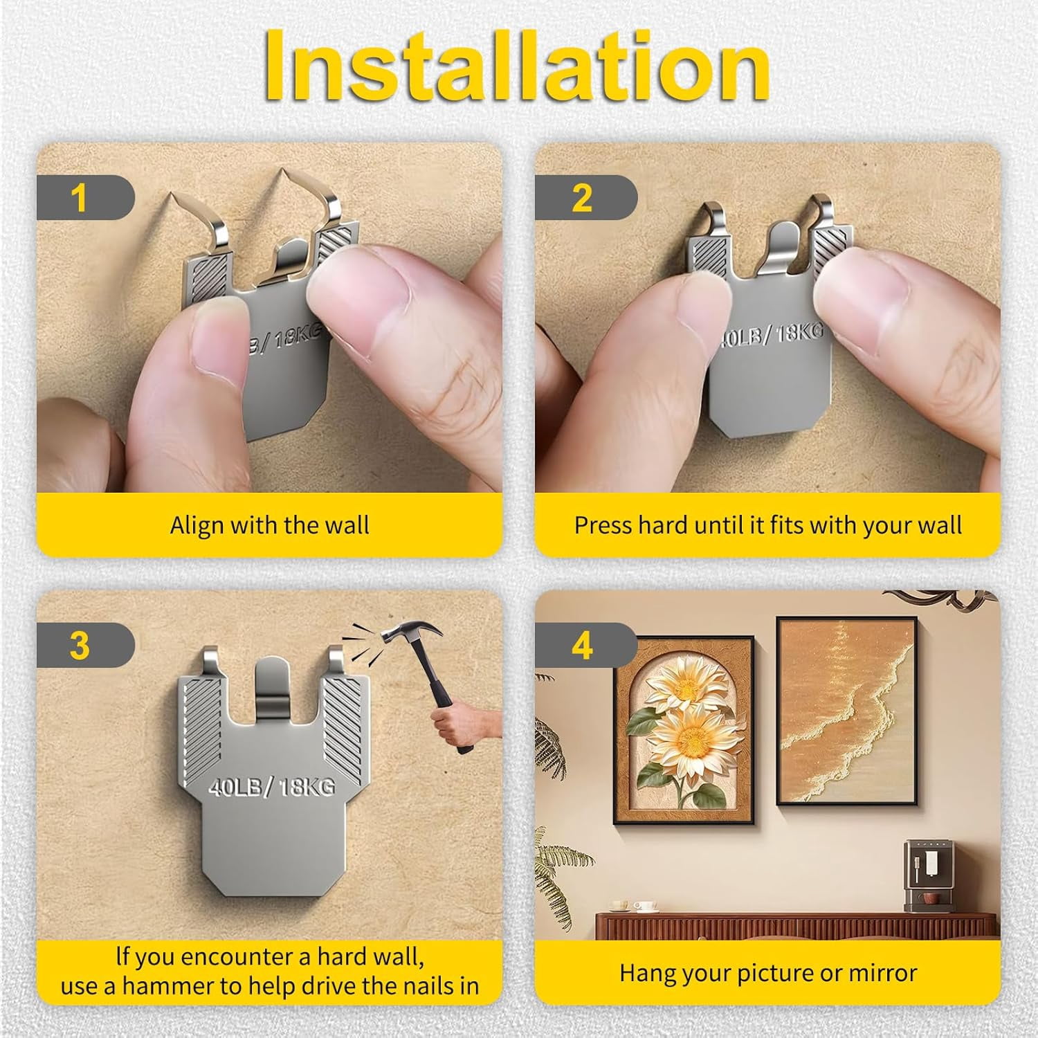 JJEAN-40Pcs Heavy Duty Claw Picture Hangers for Drywall, No Damage Wall Hooks for Picture Frames, Art, Posters, Photos, Paintings & Mirrors - Secure Hanging Kit for Large Decor