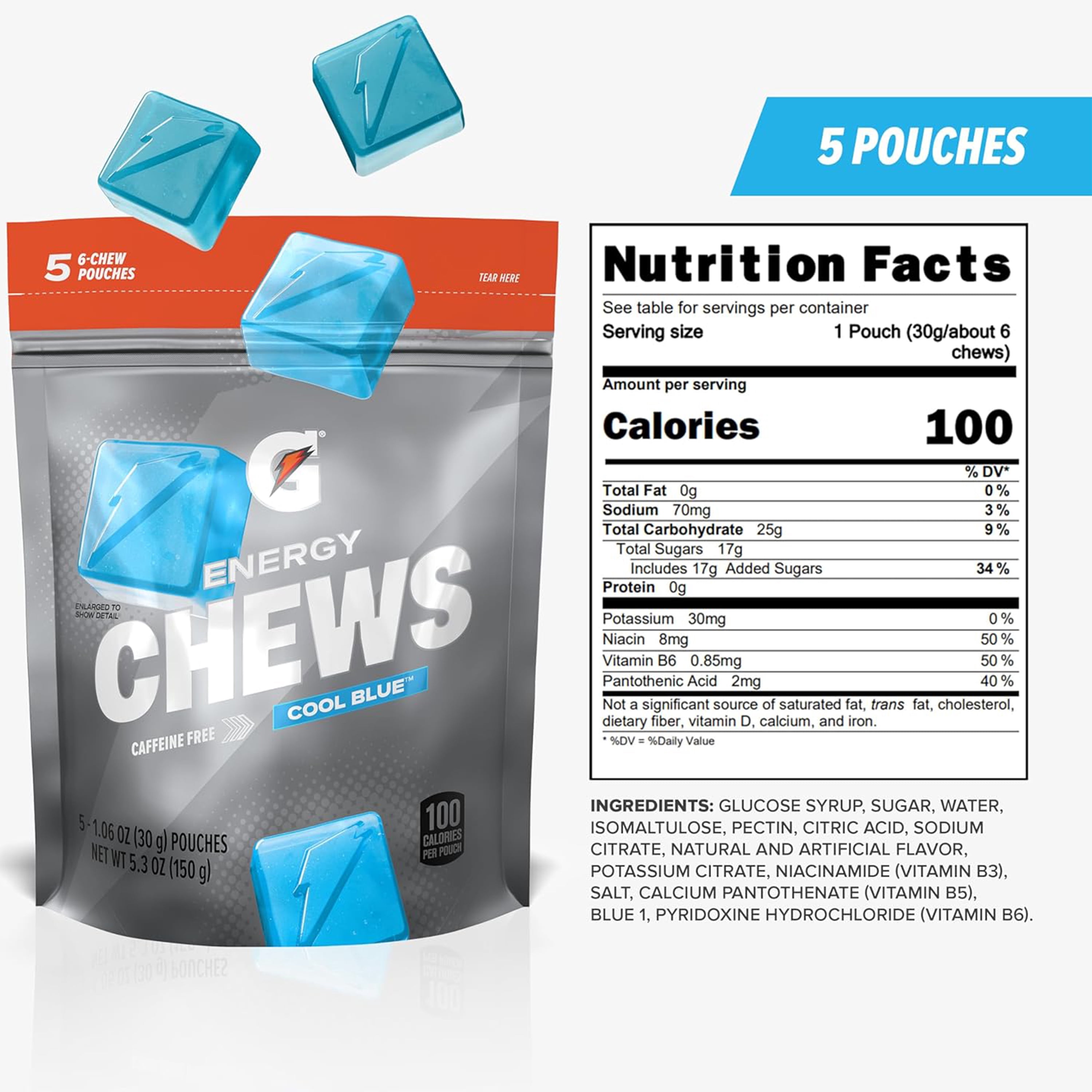 Gatorade Energy Chews, Cool Blue Flavor, 5 Pouches (30 Chews)