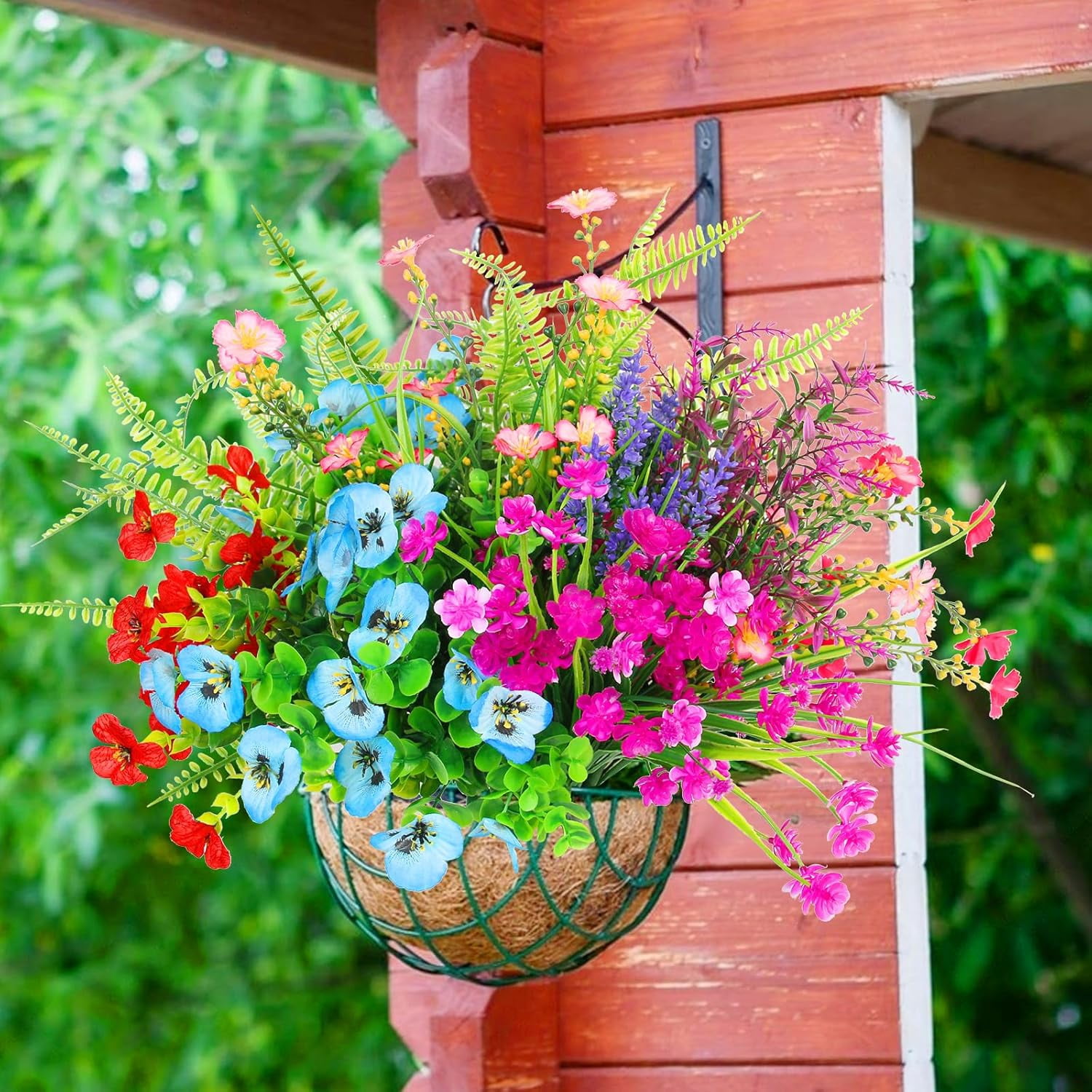 26 Bundles 13 Style Multicolor Artificial Outdoor Flowers, Fake Plastic Plants Faux Lavender Pansies, UV Resistant for Spring Summer Garden Patio Hanging Planter Window Box Vase Decor