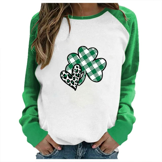 QIPOPIQ T-Shirts à Manches Longues pour Femmes Col Rond T-Shirts de la Saint-Patrick T-Shirts Imprimés Trèfle de Printemps T-Shirt Vert Chanceux T-Shirts de la Saint-Patrick Col Rond Hauts Patchwork Offres de Vacances