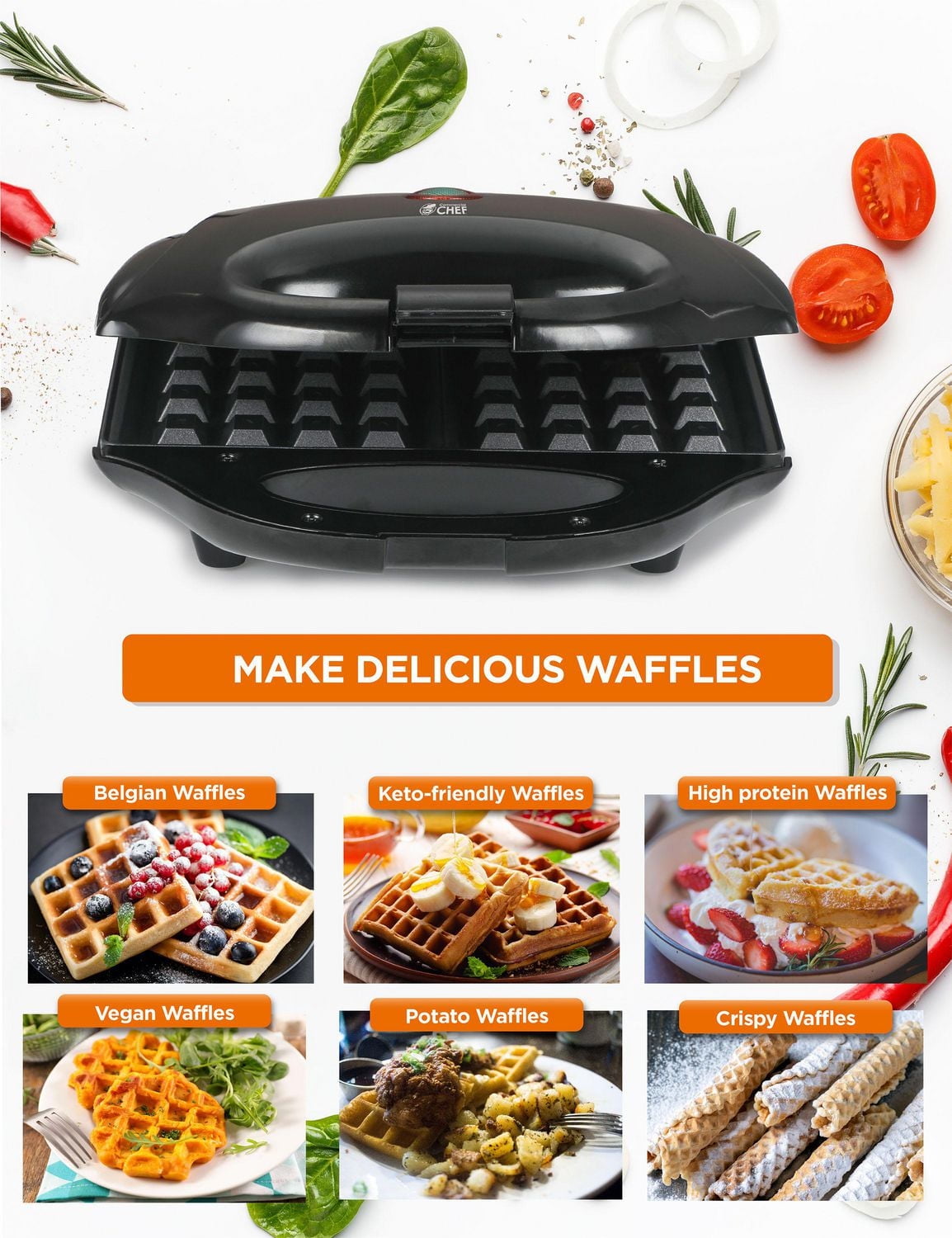 COMMERCIAL CHEF Waffle Maker, Nonstick Mini Waffle Maker, Easy-to-Clean Electric Waffle Iron for Breakfast Waffles with Cool Touch Housing & Power on Light Thermostat
