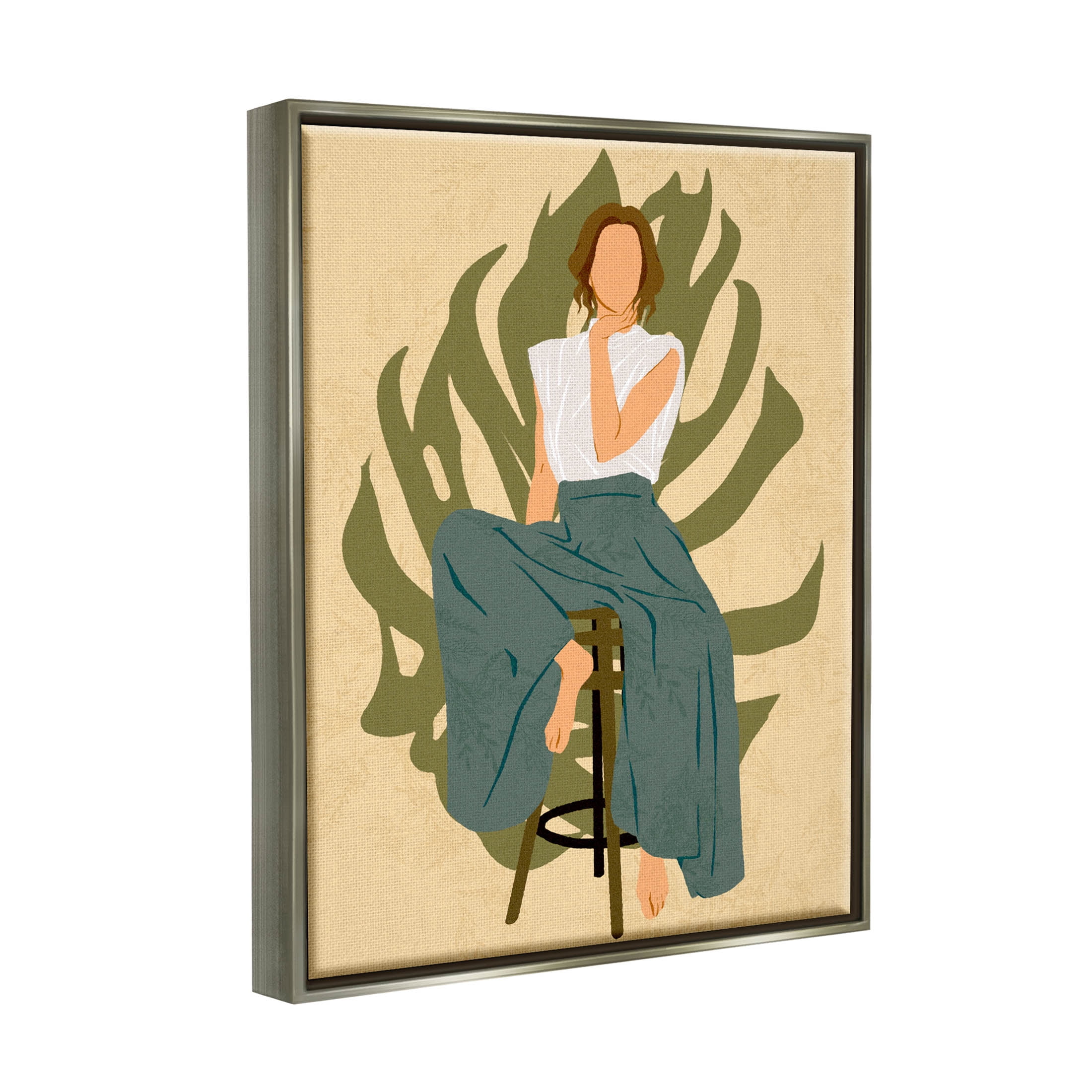 Boho Woman Sitting Plant Leaf Botanical & Floral Graphic Art Luster Gray Framed Art Print Wall Art