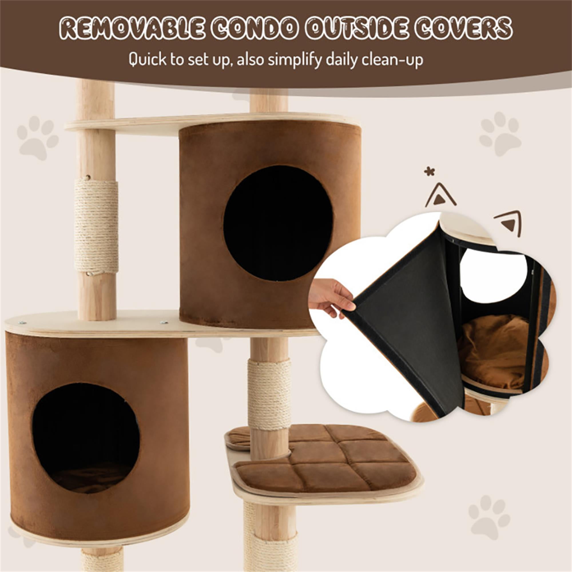 Kadyn 75" Wood Cat Tree Tower for Indoor Cats, Multi-Level Cat Condo with Scratching Posts, Perch, Washable Removable Cushions, Cat Furniture, Brown