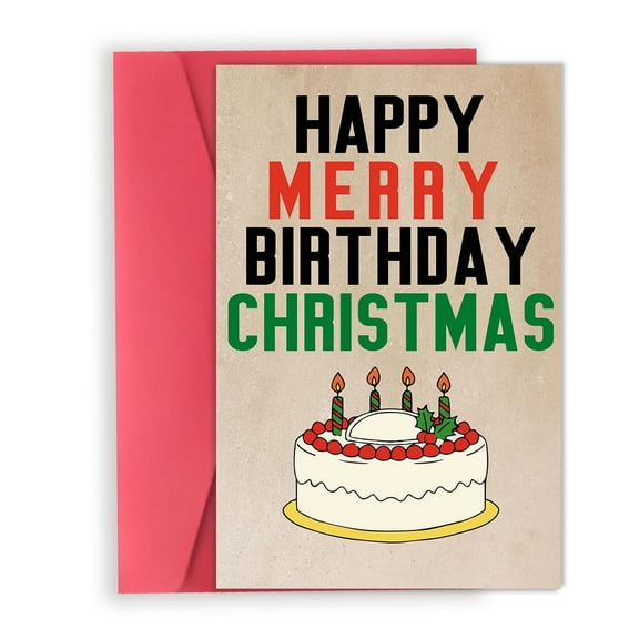 Happy Birthday Christmas Card – Unique Dual Celebration Greeting Card with Cake Design – Envelope Included, Blank Inside – Perfect for Birthdays and Christmas Wishes