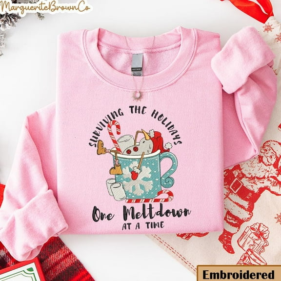 Embroidered Christmas Snowman In Coffee Cup Sweatshirt, Surviving The Holidays One Meltdown At A Time Sweater, Let It Snow Xmas Shirt