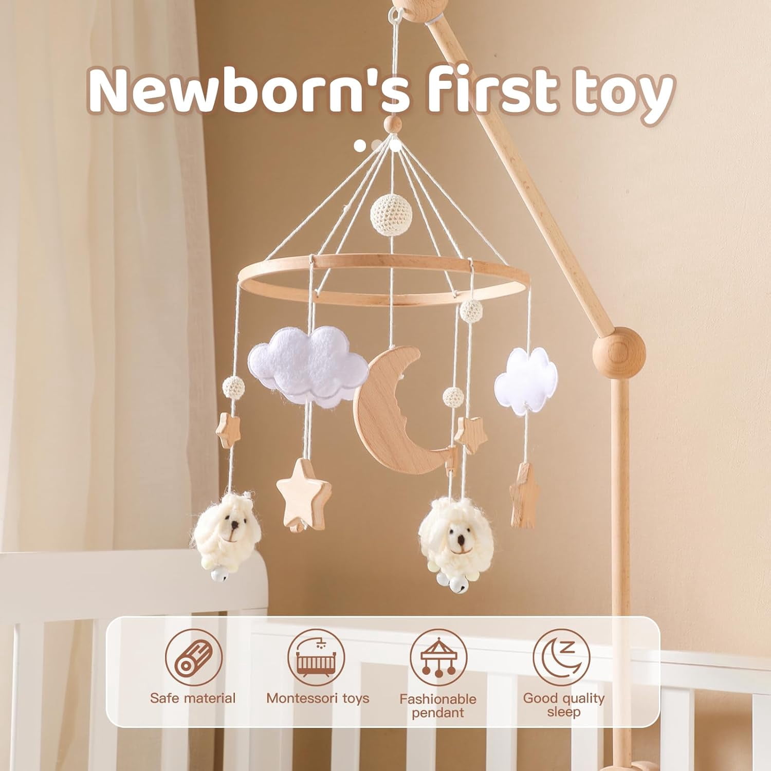 Wooden Baby Crib Mobile – Montessori-Inspired Nursery Decor with Soft Neutral Tones, Handcrafted Hanging Toy for Newborns 0-6 Months, Calming Visual & Sound Stimulation Gift​