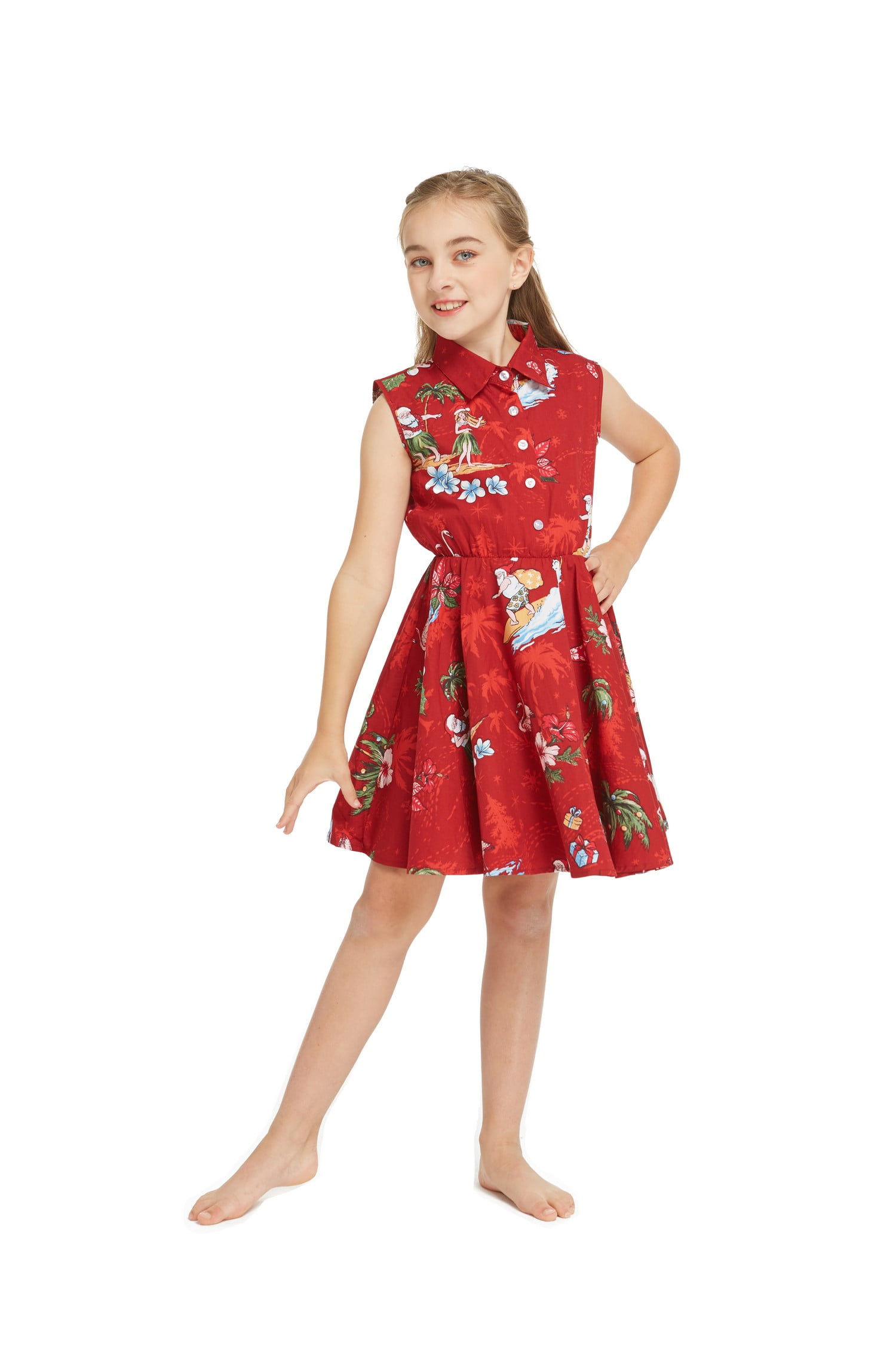 Girl Hawaiian Collar Shirt in Christmas Santa in Hawaii