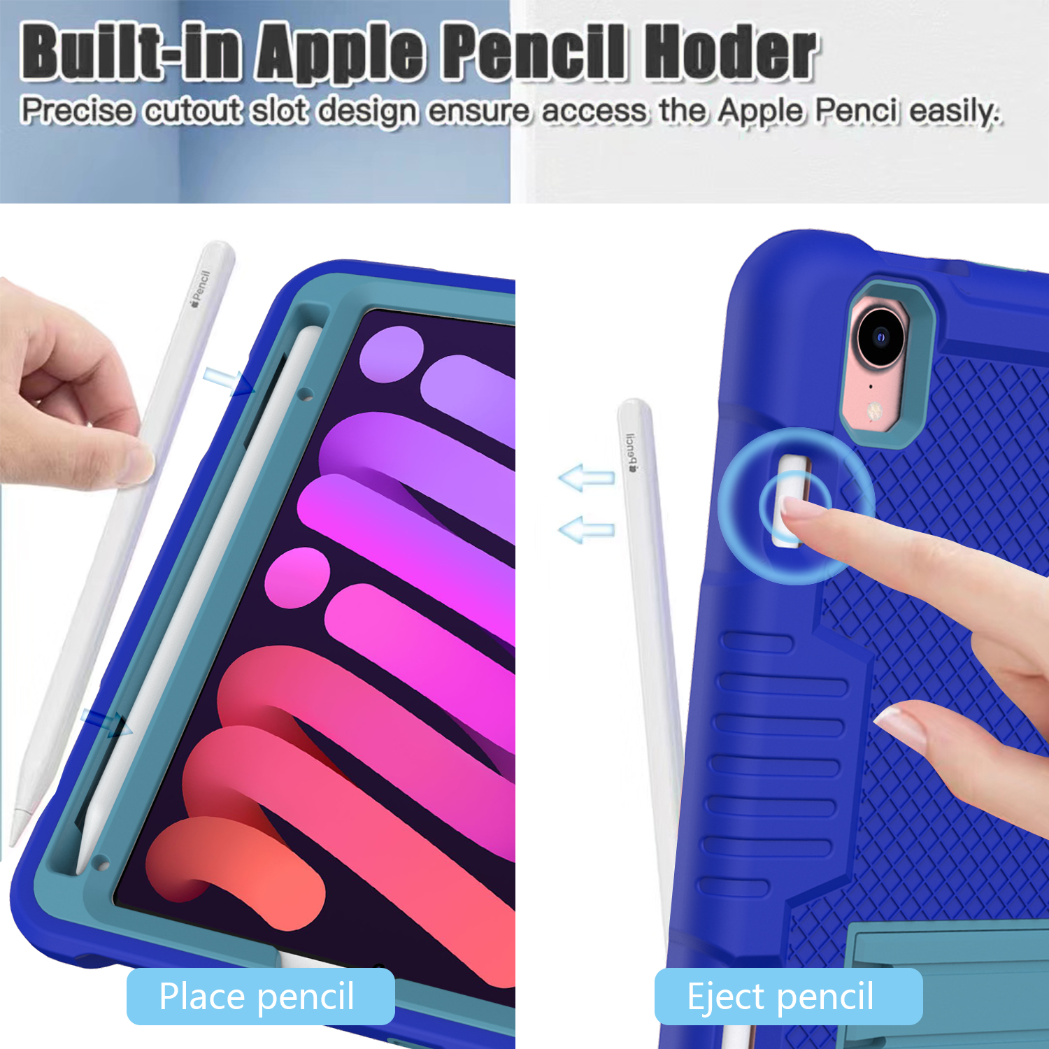 3-in-1 Case for Apple iPad Mini 2021 (8.3 Inch, 6th Generation) Tablet - Silicone/Plastic Composite Case, Shockproof Drop Proof Rugged Cover, Built-in Pencil Holder Kickstand Hard Shell (Blue)