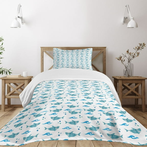 Ambesonne Shark Quilted Bedspread Set 2 Pcs, Watercolor Silly Animals, Twin Size, Blue Pale Blue White
